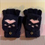 Navy and Pink Cozy Fingerless Gloves with Paw Print Photo 0