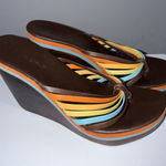 BCBGirls  Wedge Flip Flop Sandals Sz 8 Brown Rainbow Platform Heel Leather Y2K Photo 0