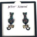 Betsey Johnson  Black Cat Rhinestone Earrings Black Gold Tone Photo 0