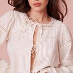 Love Shack Fancy  Sanra White Pintuck Button Tie Long Sleeve Crop Blouse  Photo 0