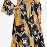 City Chic  black & mustard yellow patterned corset smocked top maxi dress size 16 Photo 0