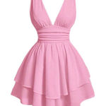 SheIn  Barbie Pink Mini Party Dress Deep V‎ Neckline Tiered Hem Size Large New Photo 0