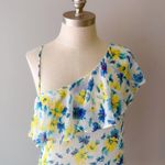 ZARA Women's Yellow Blue Floral Ruffle Tiered Sheer One-shoulder Top Size XS Photo 3