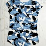Poof! Women's  NY Blue Camo Stretch Super Soft Crew Neck Top SMALL Photo 1