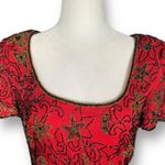 Vintage Papell Boutique Blouse Red Black Silk Embellished Metallic Floral Design Photo 2
