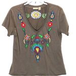 Putumayo Taupe Embroidered Tee Raw Hems Large Photo 0
