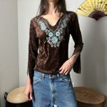 y2k boho brown velvet floral v neck flutter flare sleeve long sleeve top by mkm Photo 5