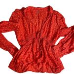 Free People Colette Printed Buttondown Top Small Red Babydoll Longsleeve Floral Photo 0