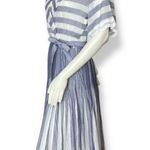 Vintage Albert Nipon Pleated Dress Striped Short Sleeves Tie Belt 1980s Nautical Blue Size undefined Photo 14