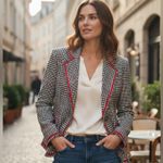 ECI  New York Houndstooth Blazer with Red Trim bow and fringe tweed size 14w a41 Photo 9