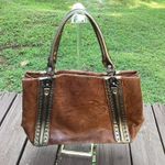 Junior Drake Distressed Leather Shoulder Bag Bronze Metallic Trim Large Purse Brown Photo 1