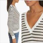 Veronica Beard  Dean Striped Linen V-Neck Sweater Size Large Breton Ribbed Photo 2