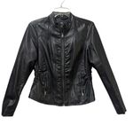 Baccini  Faux Black Leather Jacket Size Petite Medium Biker Zip Photo 1