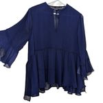 ZARA  Keyhole Ruffle Hem Sheer Top Womens Size L Bell Sleeves Navy Metallic Photo 2