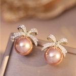 Gold and Peach Bow Pearl Earrings Pink Photo 3