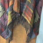 NWOT eUty Oversized Patterned Poncho Shawl Hoodie 2 Button Closure Tassels Brown Photo 3