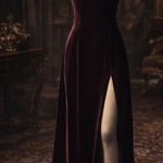 Vintage Gothic Velvet Halter Gown Burgundy Velvet Opera Dress with Pearl Choker Photo 0