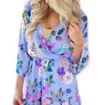 Everly  Floral Pleated 3/4 Sleeve V-Neck Ruffle Romper Medium Purple Lightweight Photo 0