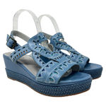 Sundance  Pampil Wedge Sandals Cut Out‎ Embroidered Leather Blue Size 39 US 8 Photo 0