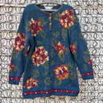 Vintage 90s Ivy hand knit floral fall henley tunic sweater wood bead accent LG Blue Photo 0