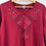 Laura Scott  1X Womens Red 3/4 Sleeve Floral Rhinestone Tee Top Shirt Photo 2
