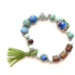 Green Tassel Bracelet Blue White Silver Wood Swirl Ceramic Beads Elastic Stretchy Multiple Photo 2
