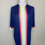 Vintage Button Front Nylon Robe Blue Pink Lime Green White Stripes Sz Small Photo 7