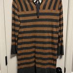 Women Grey & Brown Striped sweater dress. Wool Cotton Blend 2 front pockets L Size L Photo 2