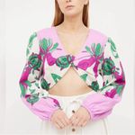 Caroline Constas Tropical Floral Crop Top w/Center Knot Linen‎ XS Purple Blend Photo 3