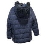 Loft  Velvet Puffer Jacket Navy Blue Womens Size Medium Hooded Faux Fur Photo 5