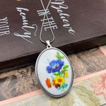 Vintage Floral Cameo Pendant Necklace | Large Oval Statement Blue Photo 2