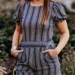 TCEC  Women Tapestry Romper Navy White Sz L Inseam: 4" Cuffed Pockets Photo 0