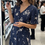 Abound  Navy Floral Button‎ Front Smocked Waist Flutter Sleeve Dress Size S Photo 0