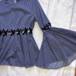 Beulah Blue Striped Lace Up Wide Sleeve Top Large Photo 6