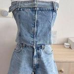 Denim Strapless Tube Top Womens Large Bustier Corset Belted Zip Blue Photo 0