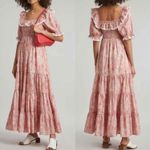 RIXO Joanie Pink Paisley Midi Light Floral Ruffle Dress Size Medium US 8 UK 12 Photo 6