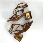 Topshop Suede Lace Wrap Gold Block Heel Sandal Photo 3