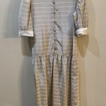 VTG Albert Nipon Dress Womens Drop Waist Beige Puff Sleeves Satin Striped Size 8 Tan Photo 6