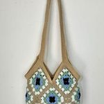 Handmade Crochet Granny Square Shoulder Tote Bag Green Tan Black Photo 0