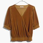 Madewell  Velvet Smocked Crossover Wrap-Style Top Blouse in Antique Gold‎ Size XL Photo 3