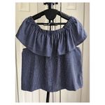 Madewell Navy Blue Silk Satin Balcony Off the Shoulder Top Blouse Ruffle, Size S Photo 1
