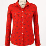 0039 Italy Women’s Orange Button Down Blouse Size M | Insect Print Long Sleeve Size M Photo 0