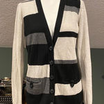 Halogen  Cardigan Sweater Merino Wool Striped Black Gray Cream Large L Photo 0