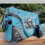 Turquoise Rhinestone Skull Concealed Carry Handbag Studded Leather Purse Blue Photo 3