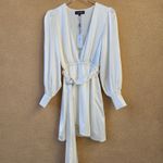 Long Sleeve Ivory White Mini Dress‎ Waist Tie Satin Silk Sz Small Photo 3