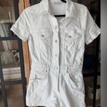 ZARA  denim playsuit romper button up utility short sleeves white cream collar Photo 4