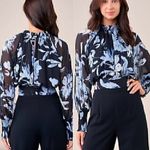 Sugar Lips ANTHROPOLOGIE Emilie Floral Mock Neck Crop Top Black Blue Long Sleeve Photo 1