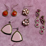 Lot of 4 Pairs Earrings Pink Gold Flowers Rhinestone Geometric Costume Jewelry Photo 0