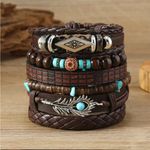 6pcs Exquisite Bohemian Chic Women's Bracelet Set Handcrafted Brown Faux Leather Photo 5