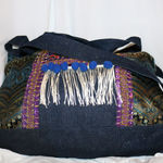 Denim Overnight Messenger Bag Ethnic Embroidery Travel Carry On Weekender Large Tote with Fringes Photo 6